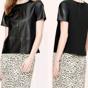 LOFT Petite Faux Leather Tweed Top Black XSP Short Sleeve Blouse NWT